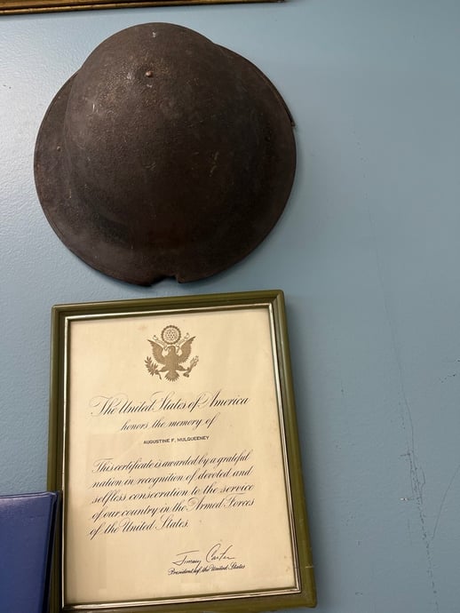 Gus Mulqueeney WWI helmet and President Carter recognition